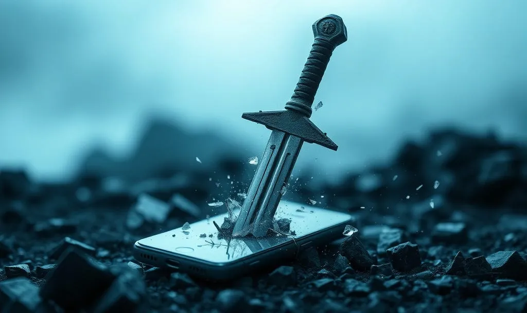 A dark sword piercing through a phone